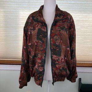Bogari Vintage 100% Silk Green & Brown Multicolor Bomber Jacket Quiet Luxury